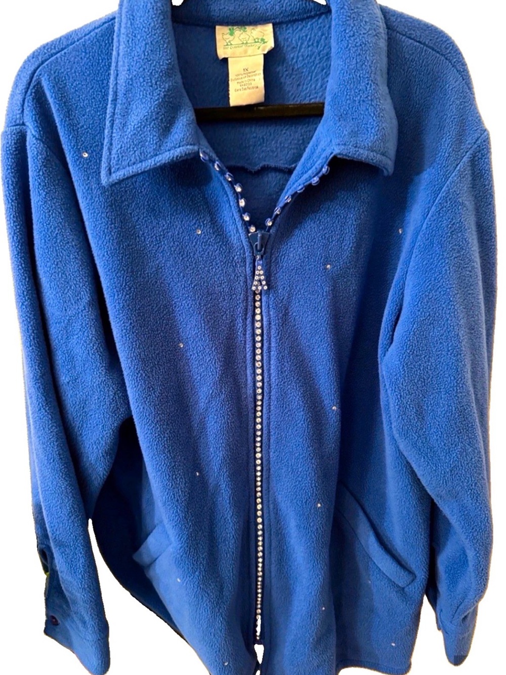 Vintage Blue Fleece Zip Jacket with Sparkling Rhinestones on zipper and jacket